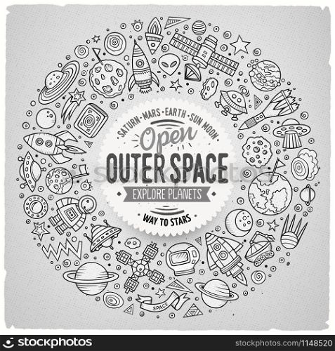 Line art vector hand drawn set of space cartoon doodle objects, symbols and items. Round frame composition. Set of space cartoon doodle objects, symbols and items