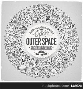 Line art vector hand drawn set of space cartoon doodle objects, symbols and items. Round frame composition. Set of space cartoon doodle objects, symbols and items