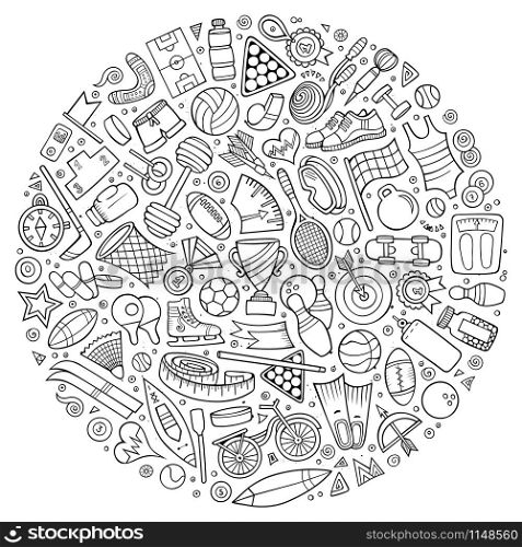 Line art vector hand drawn set of Sport cartoon doodle objects, symbols and items. Round composition. Vector set of Sport cartoon doodle objects