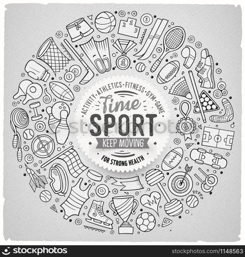 Line art vector hand drawn set of Sport cartoon doodle objects, symbols and items. Round frame composition. Vector hand drawn set of Sport cartoon doodle objects