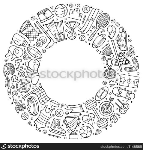 Line art vector hand drawn set of Sport cartoon doodle objects, symbols and items. Round frame composition. Vector hand drawn set of Sport cartoon doodle objects