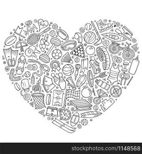 Line art vector hand drawn set of Sport cartoon doodle objects, symbols and items. Heart form composition. Vector hand drawn set of Sport cartoon doodle objects