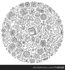 Line art vector hand drawn set of Spring cartoon doodle objects, symbols and items. Round composition. Vector set of Spring cartoon doodle objects