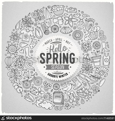 Line art vector hand drawn set of Spring cartoon doodle objects, symbols and items. Round frame composition. Vector hand drawn set of Spring cartoon doodle objects