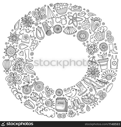 Line art vector hand drawn set of Spring cartoon doodle objects, symbols and items. Round frame composition. Vector hand drawn set of Spring cartoon doodle objects