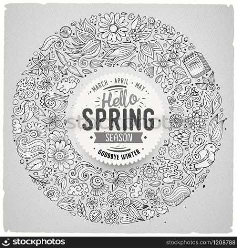 Line art vector hand drawn set of Spring cartoon doodle objects, symbols and items. Round frame composition. Line art vector hand drawn set of Spring cartoon doodle objects