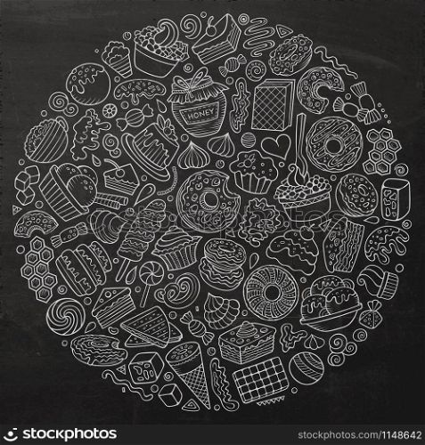 Line art vector hand drawn set of Sweet food cartoon doodle objects, symbols and items. Round composition. Set of Sweet food cartoon doodle objects, symbols and items