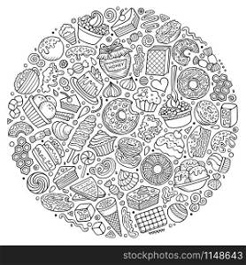 Line art vector hand drawn set of Sweet food cartoon doodle objects, symbols and items. Round composition. Set of Sweet food cartoon doodle objects, symbols and items