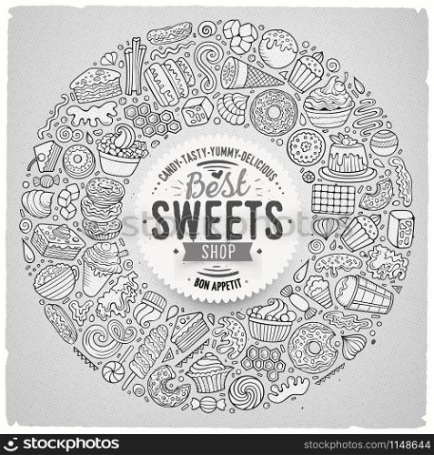 Line art vector hand drawn set of Sweet food cartoon doodle objects, symbols and items. Round frame composition. Set of Sweet food cartoon doodle objects, symbols and items