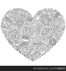 Line art vector hand drawn set of Sweet food cartoon doodle objects, symbols and items. heart form composition. Set of Sweet food cartoon doodle objects, symbols and items