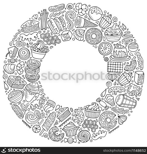 Line art vector hand drawn set of Sweet food cartoon doodle objects, symbols and items. Round frame composition. Set of Sweet food cartoon doodle objects, symbols and items