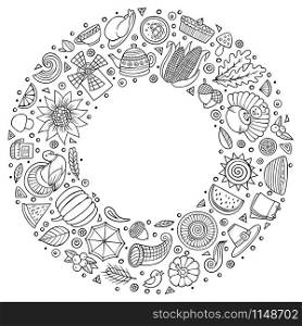 Line art vector hand drawn set of Thanksgiving cartoon doodle objects, symbols and items. Round frame composition. Set of Thanksgiving cartoon doodle objects, symbols and items