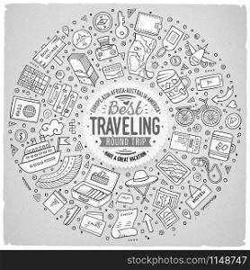 Line art vector hand drawn set of Travel cartoon doodle objects, symbols and items. Round frame composition. Round frame Travel cartoon objects, symbols and items