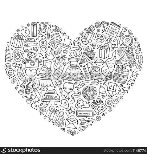 Line art vector hand drawn set of Wedding cartoon doodle objects, symbols and items. Heart form composition. Set of Wedding cartoon doodle objects