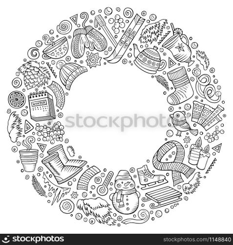 Line art vector hand drawn set of Winter cartoon doodle objects, symbols and items. Round frame composition. Set of Winter cartoon doodle objects, symbols and items
