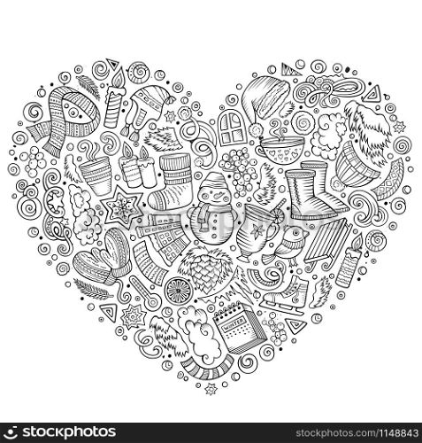 Line art vector hand drawn set of Winter cartoon doodle objects, symbols and items. Heart form composition. Set of Winter cartoon doodle objects, symbols and items