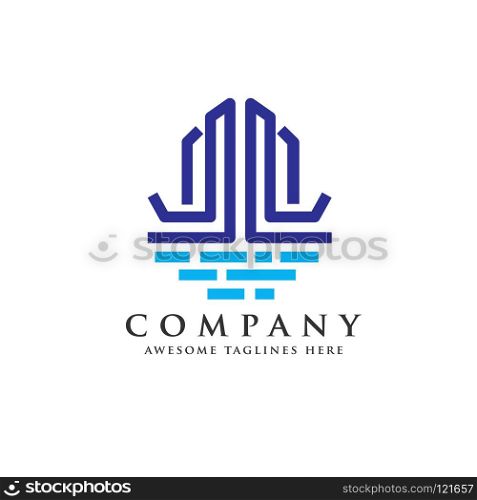 Line art vector illustration of city and river logo