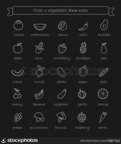 Line art vegetables icons set. Vector chalk linear illustrations with names isolated on blackboard. Line art vegetables icons set. Chalk