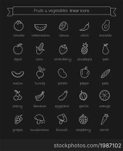 Line art vegetables icons set. Vector chalk linear illustrations with names isolated on blackboard. Line art vegetables icons set. Chalk
