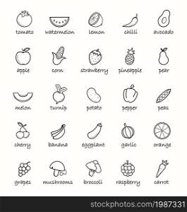 Line art vegetables icons set. Vector linear symbols with names isolated on white. Line art vegetables icons set