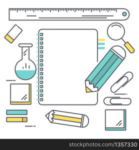 Line art Welcome back to school background. pencil writing on empty notebook for text. vector illustration.