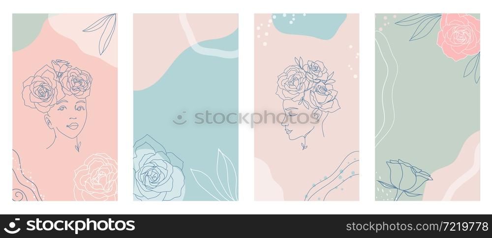 Line art women faces with roses. Social media cover templates for posts, stories or banners. Continuous lineart portraits with flowers. Modern organic abstract background vector. Beauty concept.. Line art women faces with roses. Social media cover templates for posts, stories or banners vector. Beauty concept.
