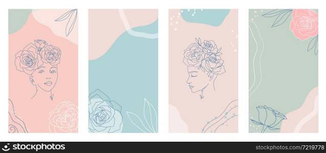 Line art women faces with roses. Social media cover templates for posts, stories or banners. Continuous lineart portraits with flowers. Modern organic abstract background vector. Beauty concept.. Line art women faces with roses. Social media cover templates for posts, stories or banners vector. Beauty concept.
