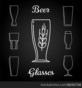 Line beer glasses icons on blackboard. Line beer glasses icons vector and branch of rye on blackboard