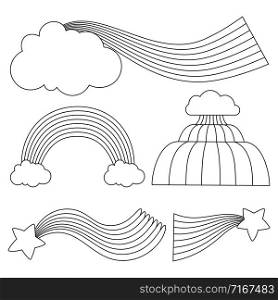 Line black and white rainbows with clouds and stars vector template for coloring, cards, hand made. Rainbow linear black and white, wave and curve illustration. Line black and white rainbows with clouds and stars vector template for coloring, cards, hand made
