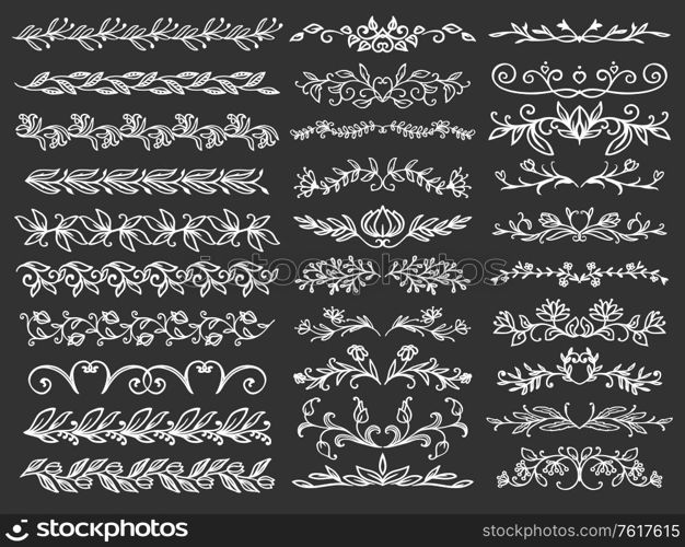 Line border and floral divider vector set with flower ornaments. Floral patterns of branch and vine garlands with leaves, flourishes and buds, herb blossom, blooming plants, frame and vignette design. Line borders and dividers with floral ornament