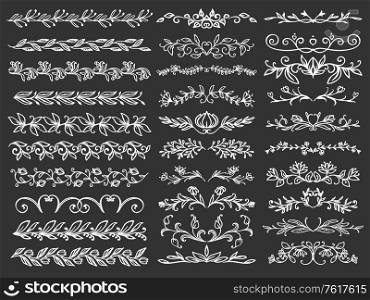 Line border and floral divider vector set with flower ornaments. Floral patterns of branch and vine garlands with leaves, flourishes and buds, herb blossom, blooming plants, frame and vignette design. Line borders and dividers with floral ornament