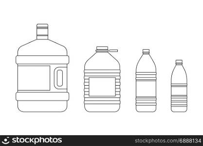 Line bottles for water. Line bottles for water of different sizes. line icons of plastic transparent bottles.