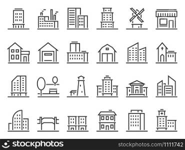 Line buildings icons. City building, hotel and store icon. Warehouse, industrial building and church. Line architecture buildings, apartment silhouette. Isolated vector icons set. Line buildings icons. City building, hotel and store icon. Warehouse, industrial building and church vector set