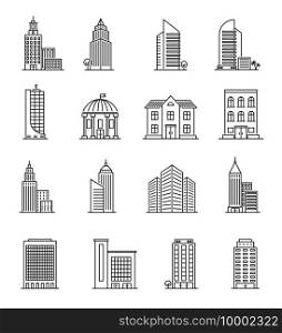 Line buildings. Urban architecture, skyscrapers. Hotel, university and bank, city library line art downtown building icons vector set. Architecture estate, urban building, bank and skyscraper. Line buildings. Urban architecture, skyscrapers. Hotel, university and bank, city library line art downtown building icons vector set