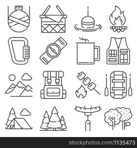 Line Camping and outdoor recreation icons set on white background. Line Camping and outdoor recreation icons set