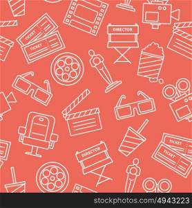 Line Cinema Pattern. White line cinema icons on red background decorative pattern with tickets popcorn flat vector illustration