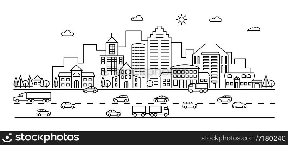 Line city. Outline town street with buildings and cars. Modern vector doodle cityscape and transportation. Illustration of town and city street line. Line city. Outline town street with buildings and cars. Modern vector doodle cityscape and transportation