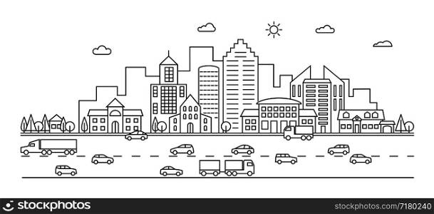 Line city. Outline town street with buildings and cars. Modern vector doodle cityscape and transportation. Illustration of town and city street line. Line city. Outline town street with buildings and cars. Modern vector doodle cityscape and transportation