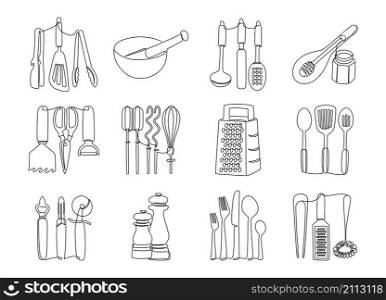 Line cooking utensils. Continuous line kitchen tools, hand drawn restaurant menu cutlery graphic, knife bowl spoon dishes. Vector isolated line set illustration tools utensils for cooking. Line cooking utensils. Continuous line kitchen tools, hand drawn restaurant menu cutlery graphic, knife bowl spoon dishes. Vector isolated line set