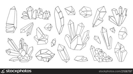 Line crystal stone. Outline polygon minerals. Rock and gem sketches. Geometric gemstone pencil drawing. Precious topaz and aquamarine. Natural geological contour shape. Vector isolated rhinestones set. Line crystal stone. Outline polygon minerals. Rock and gem sketches. Geometric gemstone drawing. Precious topaz and aquamarine. Natural geological shape. Vector isolated rhinestones set
