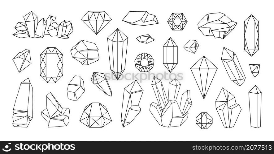 Line diamond jewels. Outline crystal gemstone. Quartz precious stones. Black contour gem shapes. Rubies and sapphires. Isolated faceted treasure brilliants. Natural minerals. Vector doodle rocks set. Line diamond jewels. Outline crystal gemstone. Quartz precious stones. Black contour gems. Rubies and sapphires. Faceted treasure brilliants. Natural minerals. Vector doodle rocks set