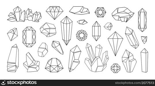 Line diamond jewels. Outline crystal gemstone. Quartz precious stones. Black contour gem shapes. Rubies and sapphires. Isolated faceted treasure brilliants. Natural minerals. Vector doodle rocks set. Line diamond jewels. Outline crystal gemstone. Quartz precious stones. Black contour gems. Rubies and sapphires. Faceted treasure brilliants. Natural minerals. Vector doodle rocks set