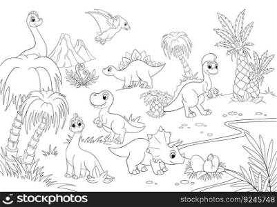 Line dinos on jungle, dinosaur t-rex, palm tree and volcano. Outline pterodactyl flying, dino and eggs. Coloring for children, vector prehistoric landscape of dinosaur or jungle monster illustration. Line dinos on jungle, dinosaur t-rex, palm tree and volcano. Outline pterodactyl flying, cute dino and eggs. Coloring for children template, vector prehistoric cartoon landscape
