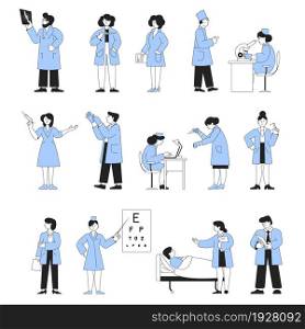 Line doctor characters. Medical team, doctors and nurse. Hospital workers group, isolated nursing and lab scientist. Healthcare recent vector set. Illustration of medical nurse and hospital team. Line doctor characters. Medical team, doctors and nurse. Hospital workers group, isolated nursing and lab scientist. Healthcare recent vector set
