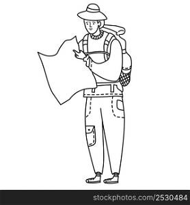 Line drawing doodle. Tourist man in trousers with pockets and hat with backpack in hands of a map. Travel, sport concept. Doodle set