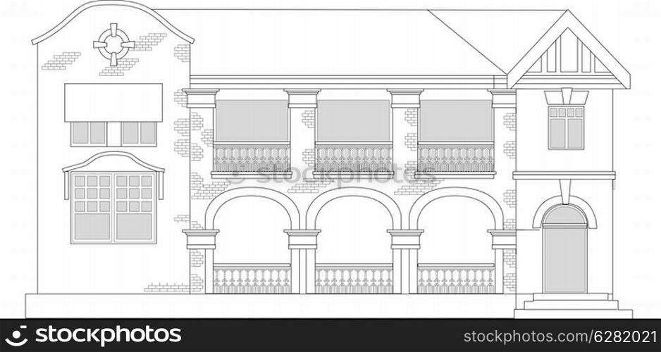 line drawing illustration of a commercial office building or shopping center building viewed from front elevation on white background. commercial office building