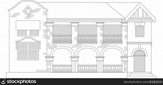 line drawing illustration of a commercial office building or shopping center building viewed from front elevation on white background. commercial office building