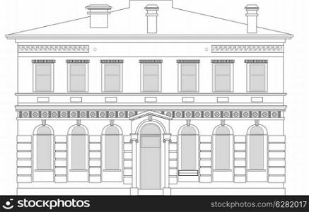 line drawing illustration of a heritage mansion building viewed from front elevation on white background. heritage mansion building
