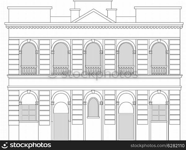 line drawing illustration of a heritage mansion building viewed from front elevation on white background. heritage mansion building
