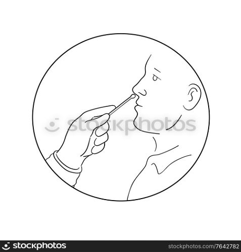 Line drawing illustration of a of hand of medical worker, nurse doctor performing nose, nasal or nasopharyngeal swab test for Covid-19 coronavirus infection done in monoline style black and white.. Hand of Nurse or Doctor Performing Nasal or Nasopharyngeal Swab Test for Covid-19 Line Drawing